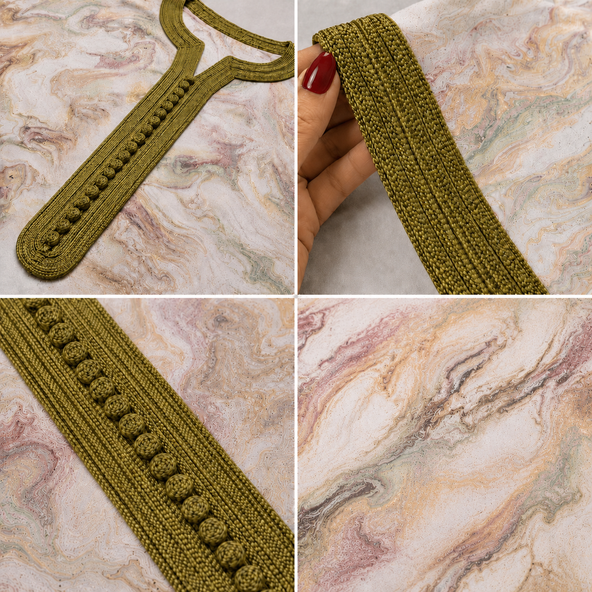 Gandoura Satin de Soie Vert olive & Crème Selma