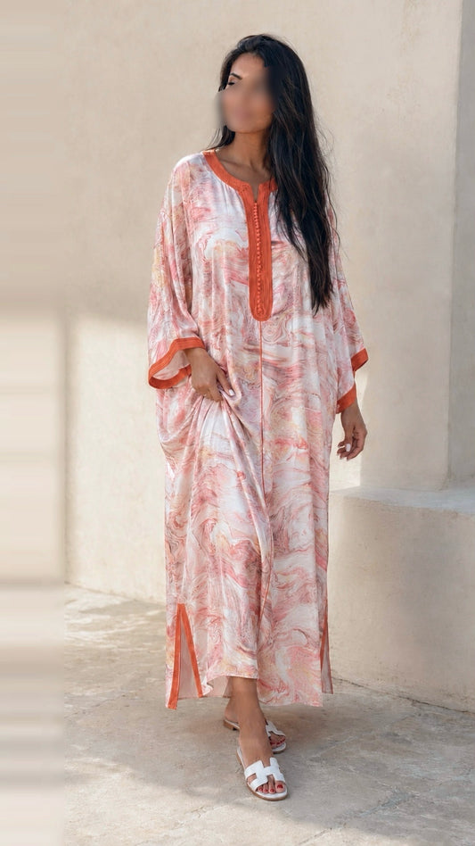 Gandoura Satin de Soie Orange & Crème - Selma