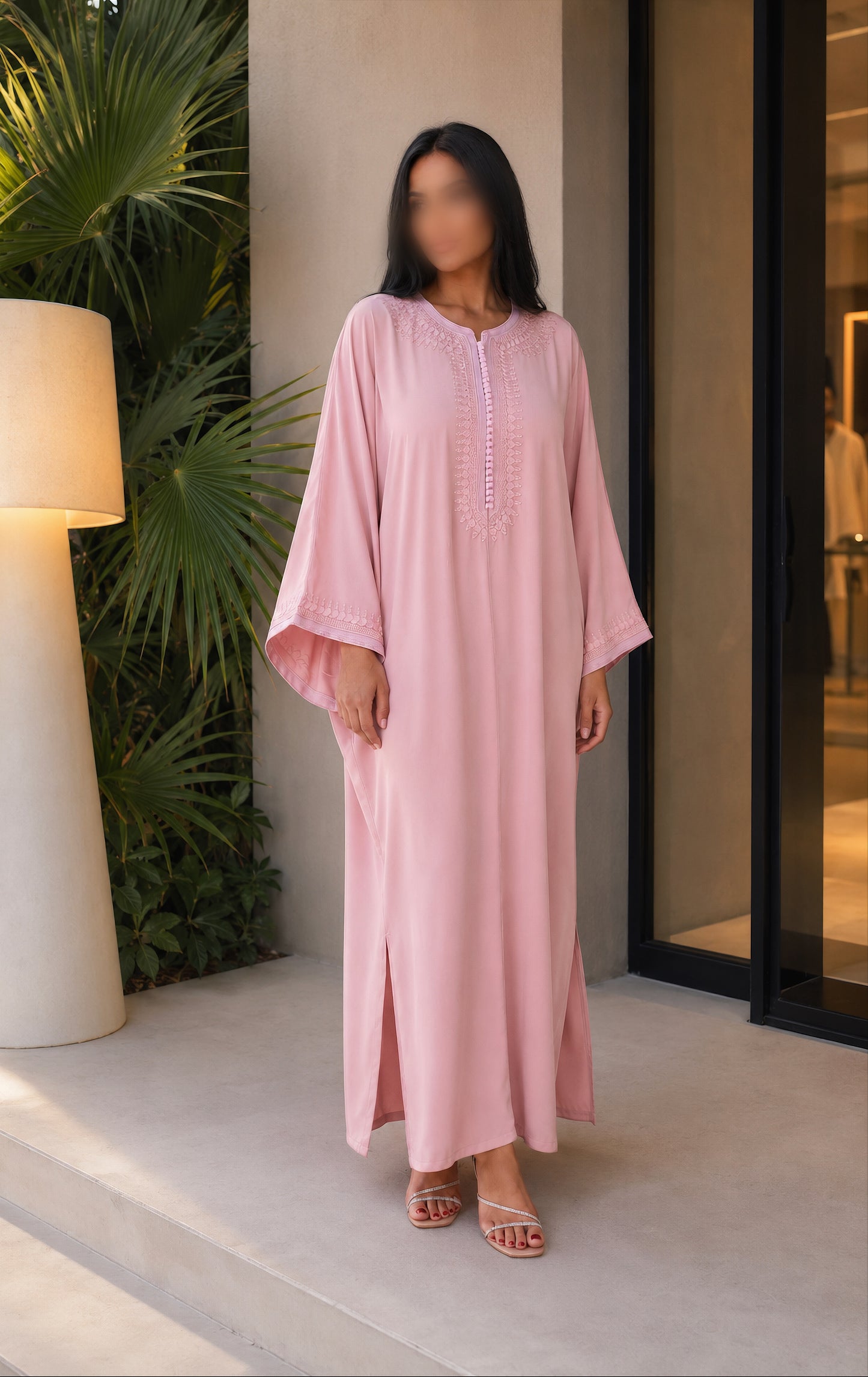 Gandoura BASMA rose pâle - CREPE léger -