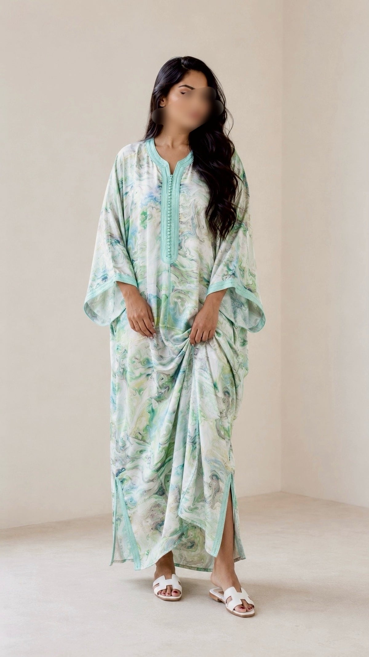 Gandoura Satin de Soie Vert Céladon & Crème - Selma